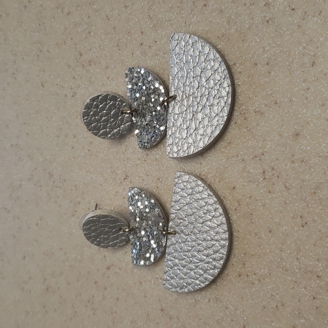 Silver Triple Tier Leather Earrings Sparkly Guc